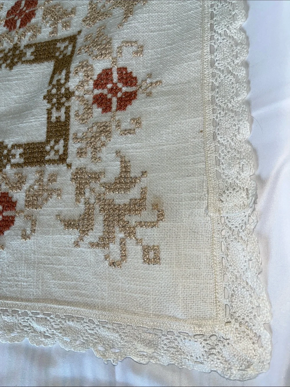 Hand-Embroidered Cream Linen Table Runner with Rust Floral Accents 17” x42”